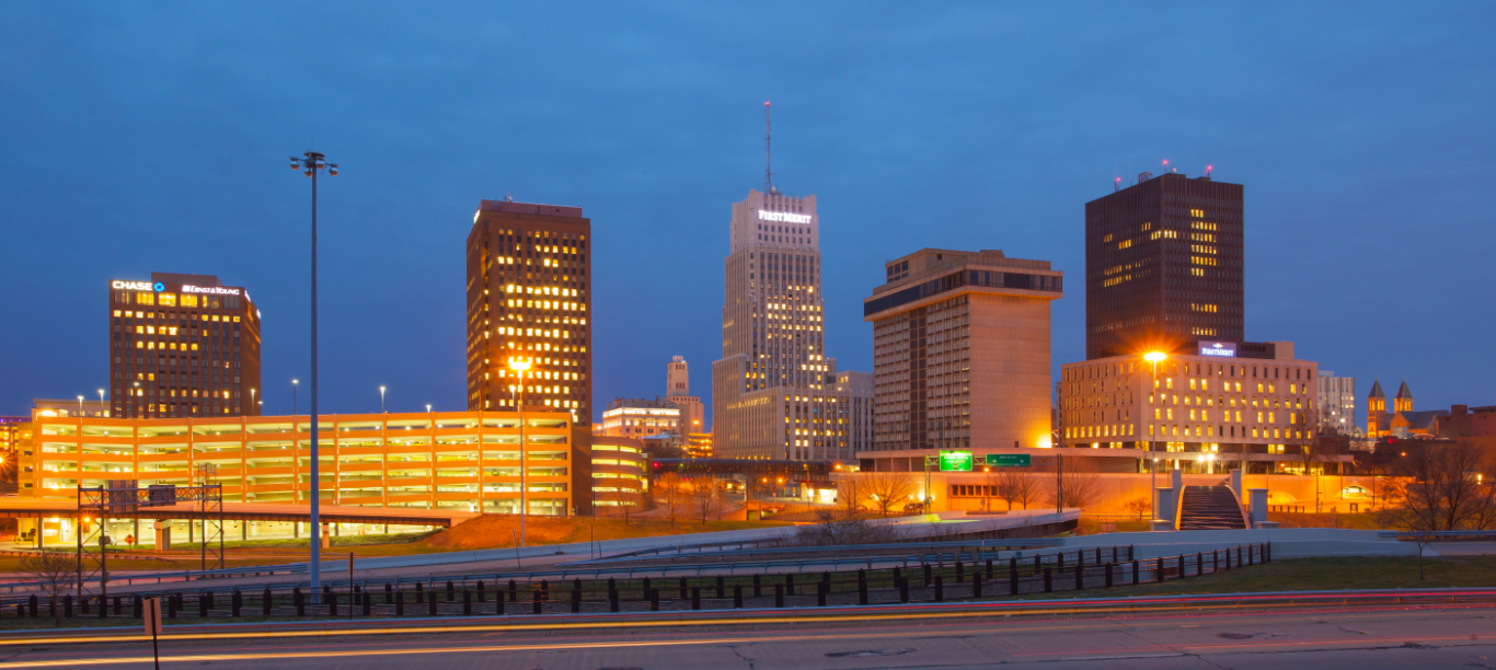 Akron Ohio downtown skyline at night.